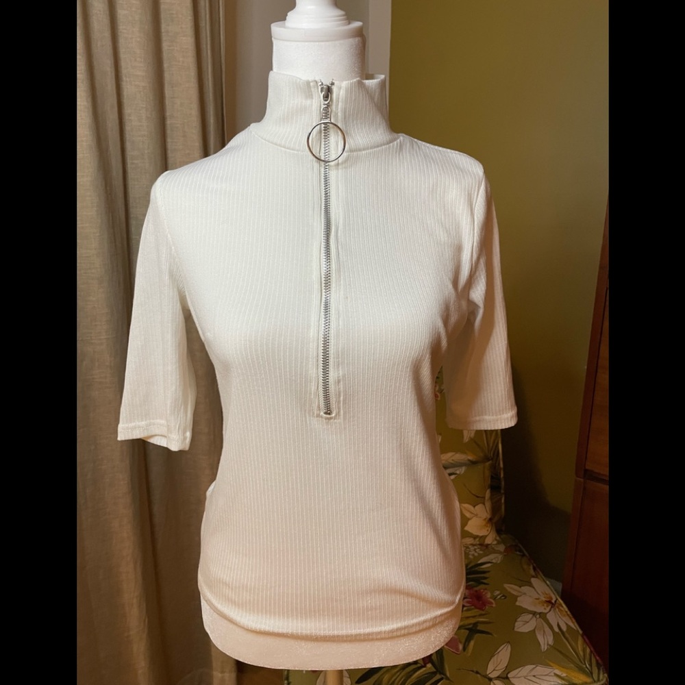 CBR Cream Ribbed Half-Zip Short Sleeve Top